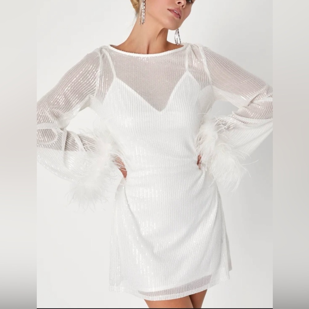Lulu's White Sequin Mini Dress with Feather Cuffs - Picture 2 of 6